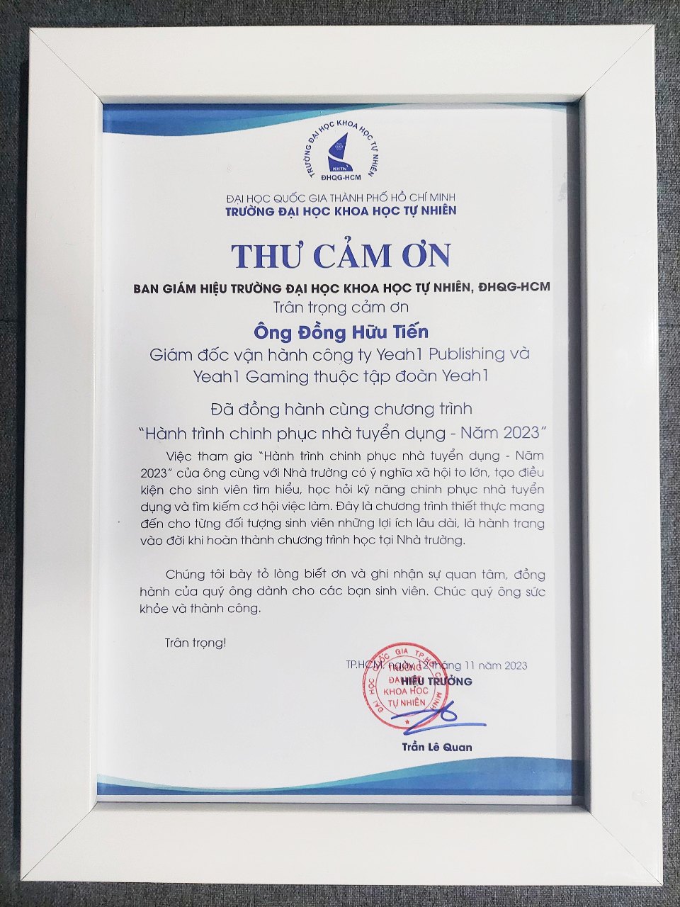 Thư cảm ơn diễn giả ban giám khảo tại đại học Khoa Học Tự Nhiên